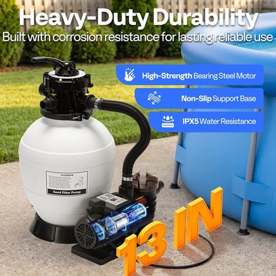 Pool Sand Filter Pump 2640GPH 1/2HP 13'' Tank 7 Way Valve Timer Above & In Ground