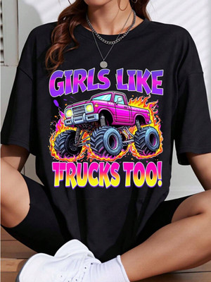 Girls Like Trucks Too T-Shirt Pink Monster Truck Graphic Tee For Women New