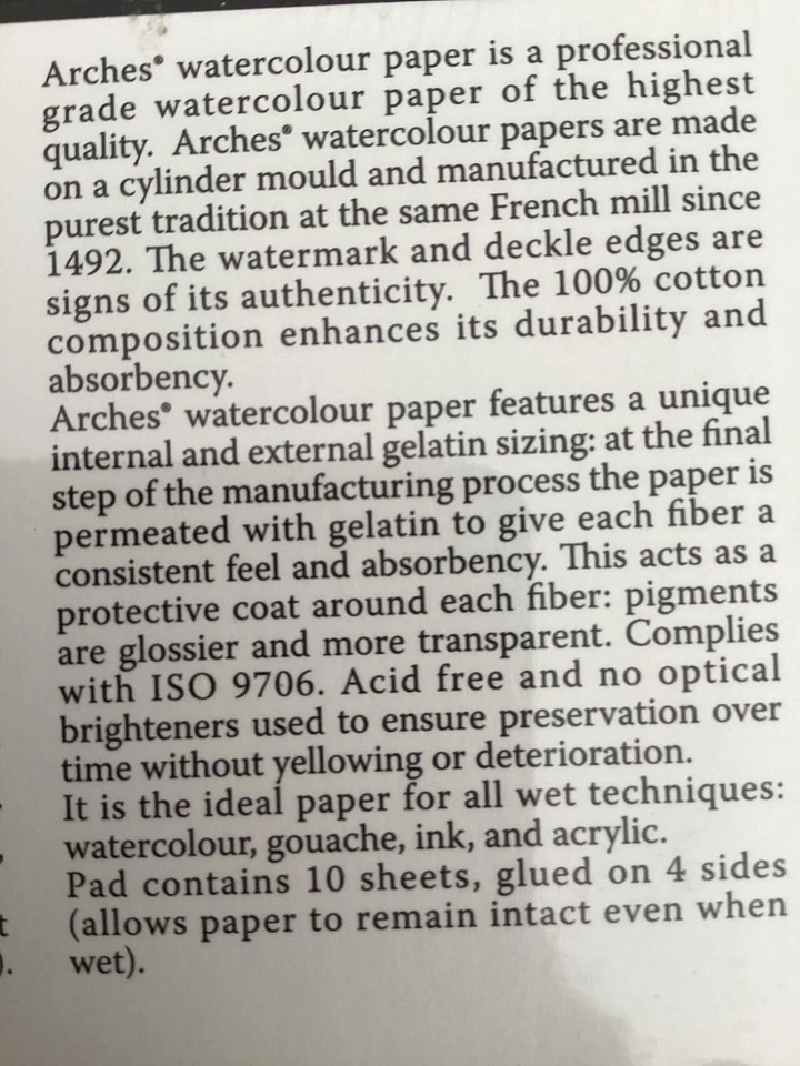 Arches  9 in x 12 in Watercolor Block - White (10 Sheets) 300 lb. Retail $84.00 - Image 2 of 4