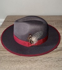 Elegant Charcoal Grey Fedora with Burgundy Trim and Feather Accent