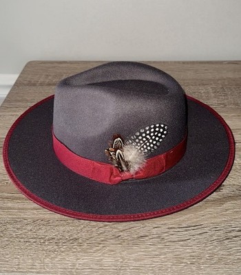Elegant Charcoal Grey Fedora with Burgundy Trim and Feather Accent