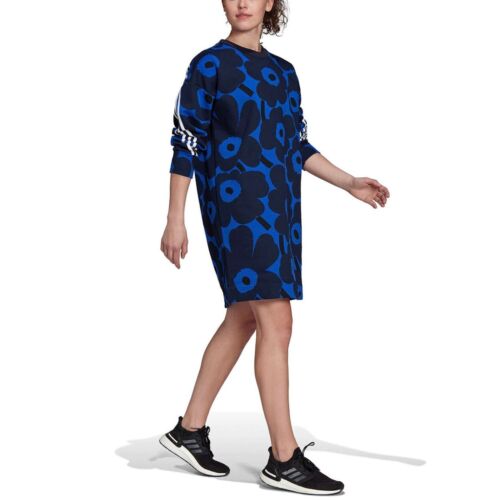 adidas X Marimekko Fleece Dress Designer Kleid Winterkleid Mohn Blumen Bold Blue - Picture 4 of 7