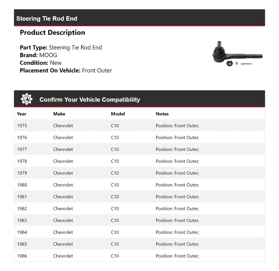 Para Chevrolet C10 1975-1986 extremo de barra de dirección delantero exterior MOOG 1975 1976 1977 Foto 2 de 4