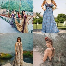 Wholesale of 5 PC Indian Vintage Recycle Sari Silk Maxi Beach Boho Gypsy Dress