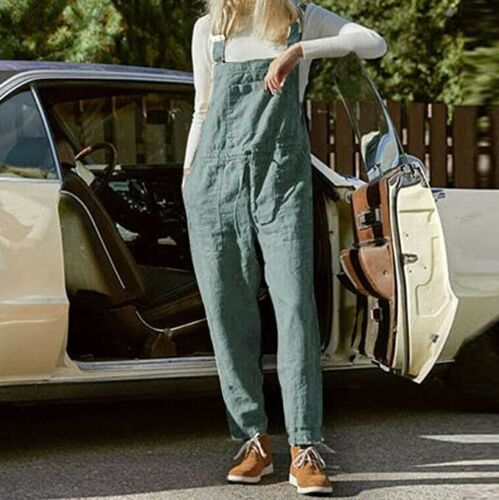 Ladies Womens Cotton Linen Dungarees Overalls Tie-waist Pockets Solid Jumpsuit - Picture 19 of 19