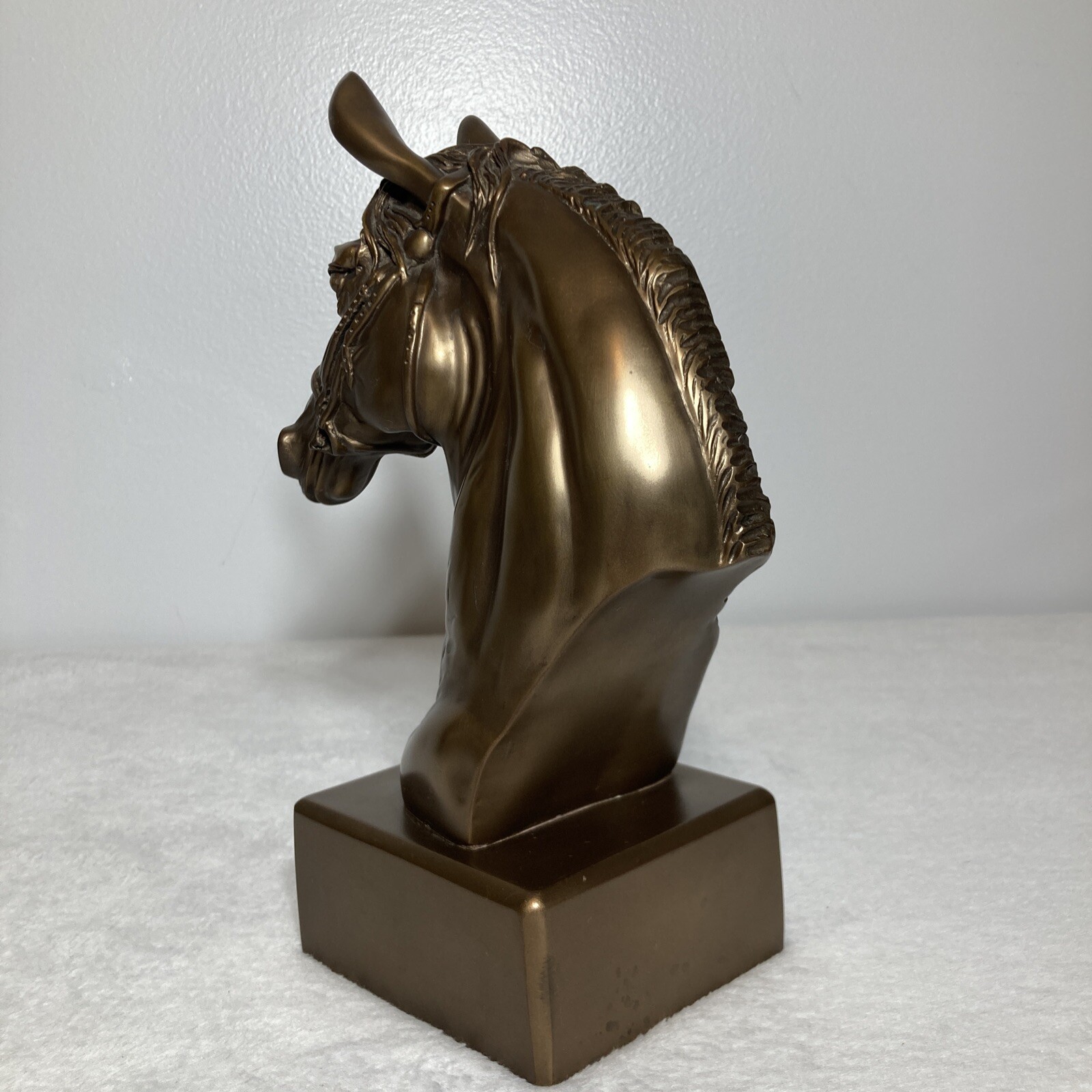 Vintage Horse Head Sculpture Bookend On Base Heavy Resin Gold Bronze
