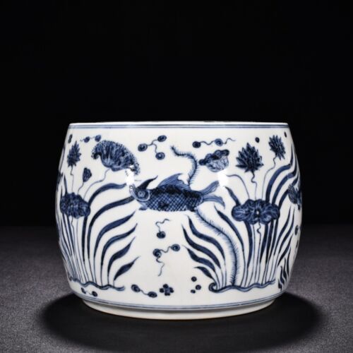 Pentola 7,5" Cina antica dinastia Ming marchio hongxi blu vaso alghe bianco pesce  - Foto 1 di 9