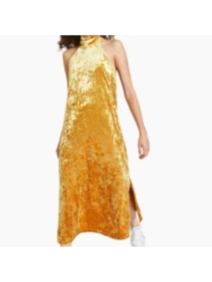 BAR III Womens Yellow Crushed Velvet Sleeveless Maxi Party Sheath Dress