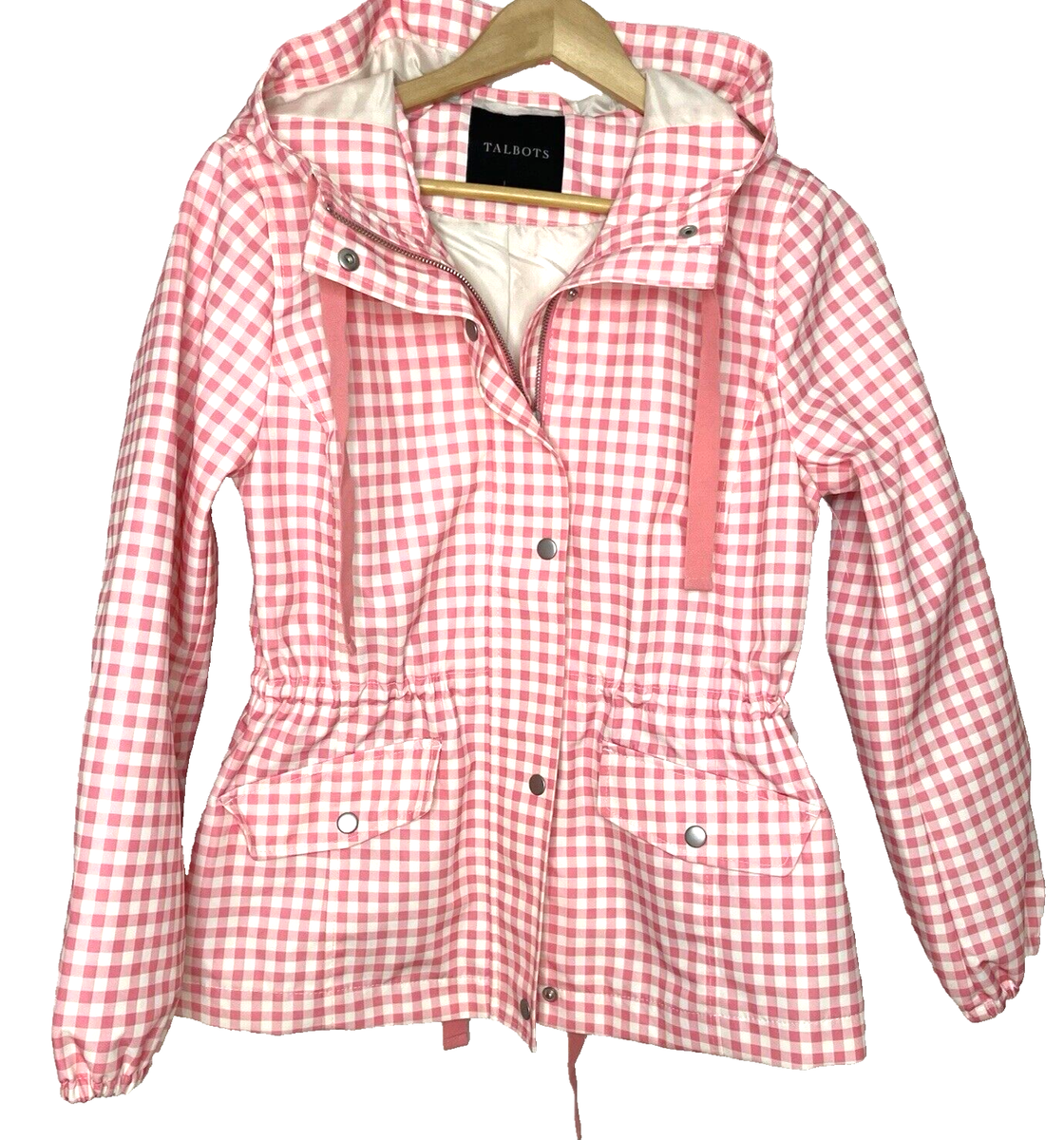 Talbots peachy pink gingham hooded rain jacket water resistant zip
