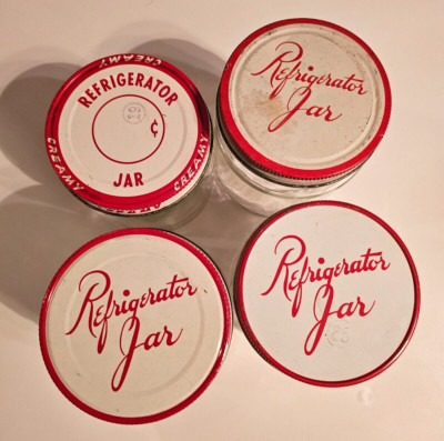 LOT OF 4 - VINTAGE GLASS REFRIGERATOR JARS WITH RED AND WHITE METAL ...