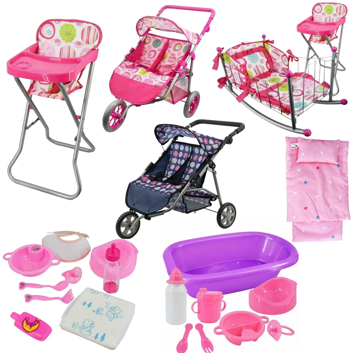 BiBi Doll Furniture, Stroller, Bedding, Feeding Accessories Baby Doll Care  Set