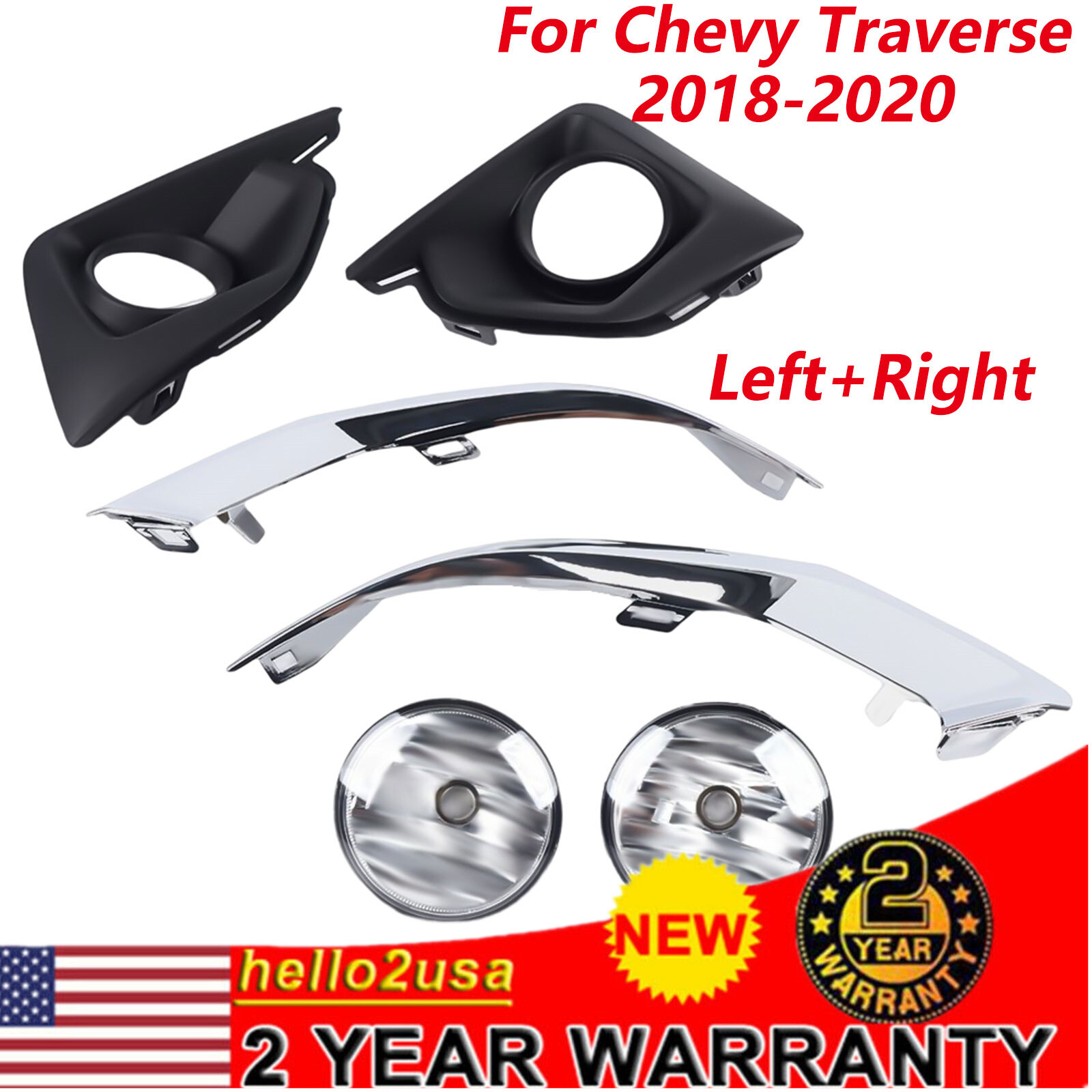 Bumper Fog Light Lamp L&R Side For 2018 2019 2020 Chevy Traverse w/Bezel Chrome