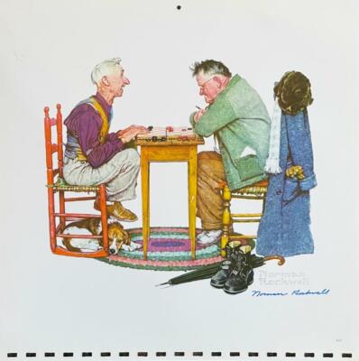 NORMAN ROCKWELL HAND SIGNED 11'' X 11'' COLOR CALENDAR PRINT ''PLAYING CHECKERS''