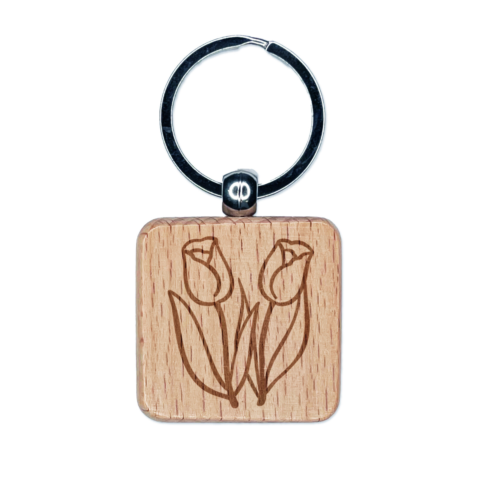 Spring Summer Tulips Engraved Wood Square Keychain Tag Charm