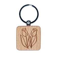 Spring Summer Tulips Engraved Wood Square Keychain Tag Charm