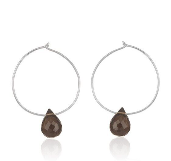 925 Sterling Silver Wire Hoop Earrings With Drill Gemstone Smoky