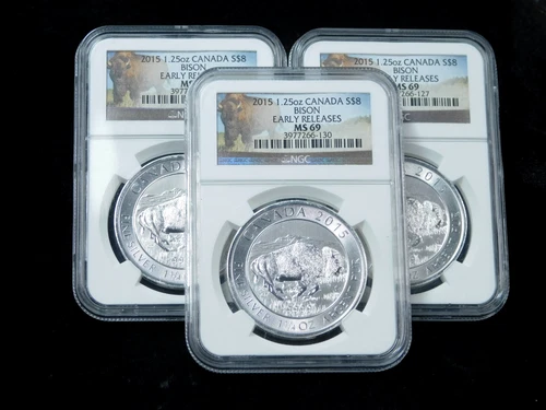 Lot of 3x 2015 $8 Canadian Silver Bison 1.25 oz .9999 Fine Silver - NGC MS69 ER