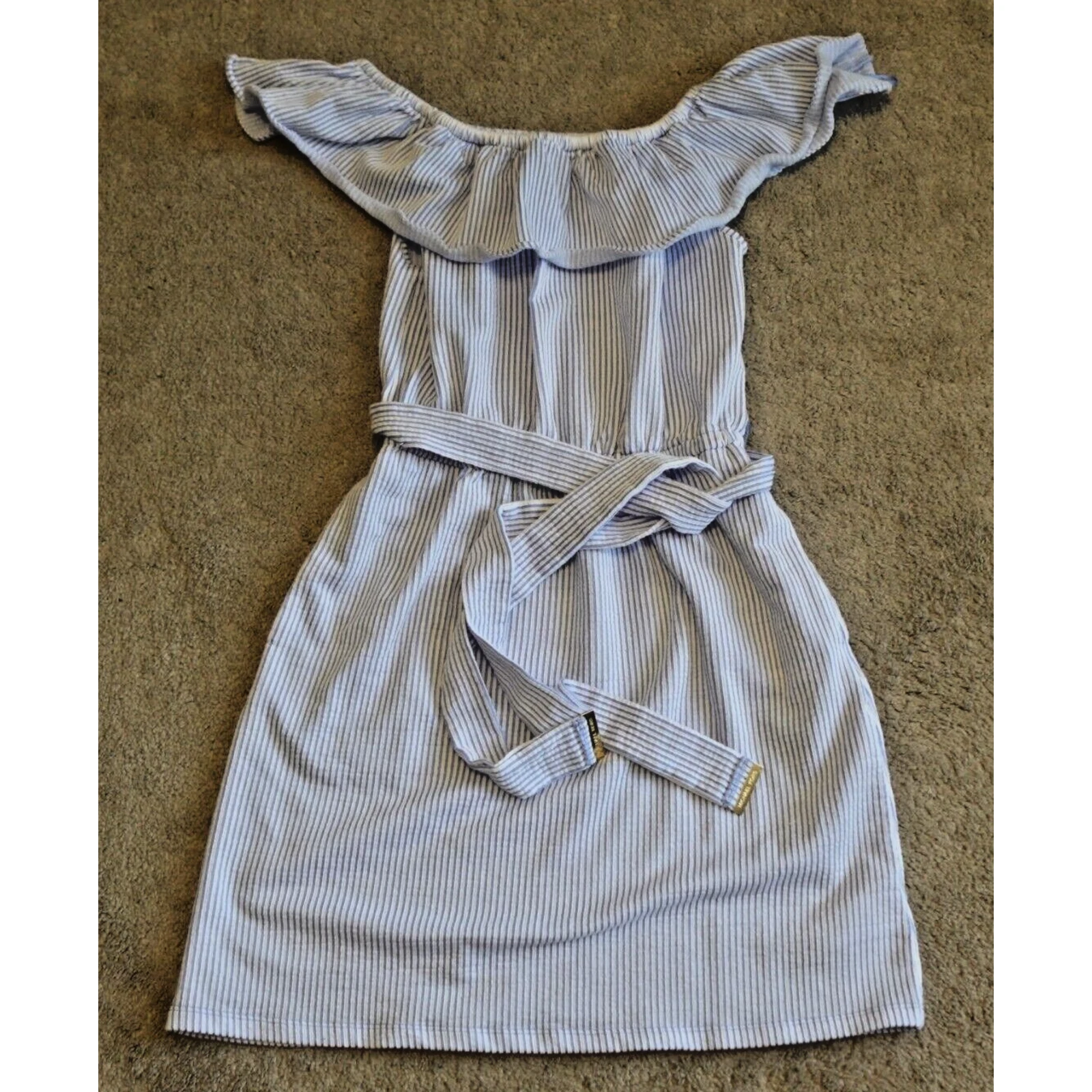 Abito donna medio Michael Kors spalle scoperte scollo a volant tasche seersucker