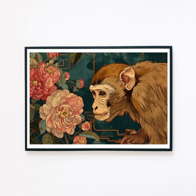 Affe Blumen Botanischer Jugendstil Illustration 7x5 Retro Wanddeko Kunstdruck