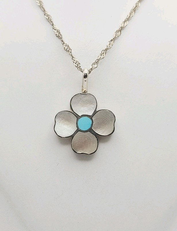 Sterling Silver Vintage Southwest Turquoise & MOP Flower Pendant Necklace 22"