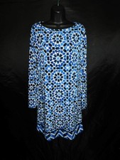 Michael Kors L Blue Black Geometric Jersey Stretch Knit Shift Dress Long Sleeve