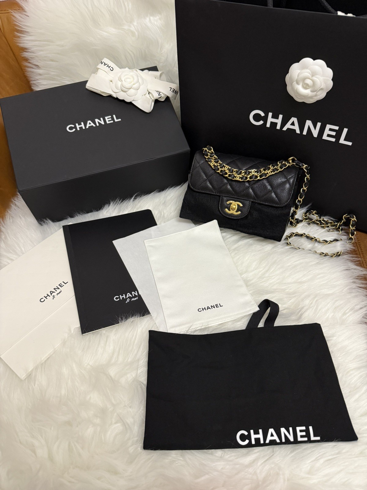 CHANEL Mini Flap Handbag Gaviar Leather Gold Hardware Double Chain Handle