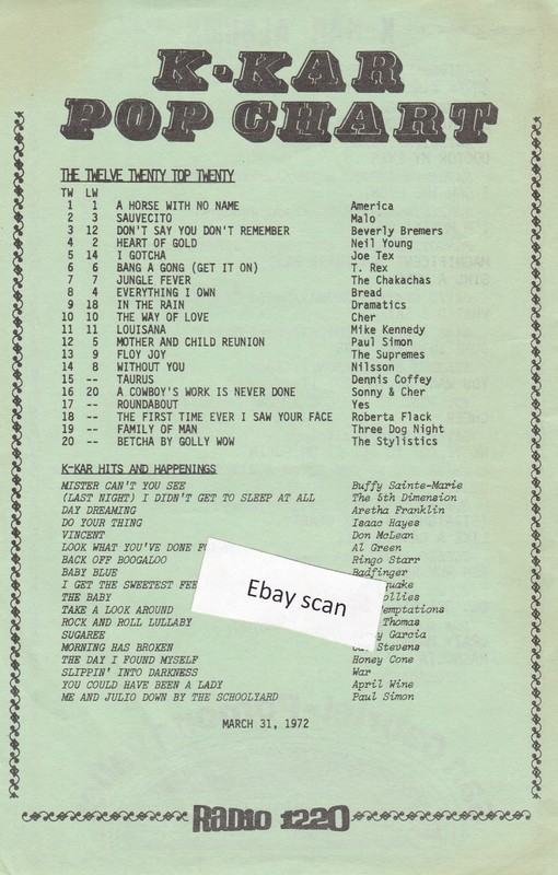 KKAR Pomona CA Top 40 Radio Music Survey 3-31-72