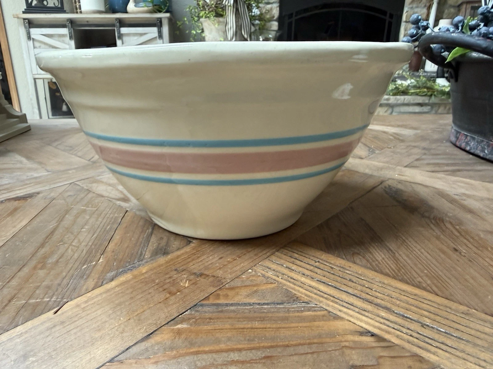 McCoy Oven Ware #10 10in Stoneware Mixing Bowl Pink Blue Stripe Oven-Safe