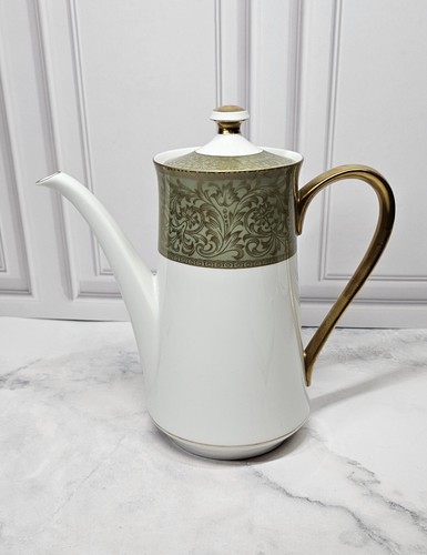 Sango Versailles Coffee Pot Pattern 3632 Porcelain Green Band Gold Handle & Rim