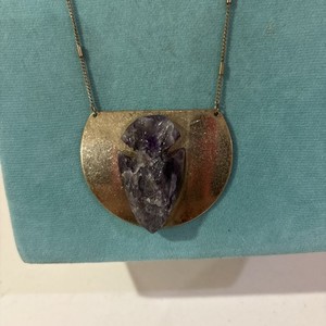 Handcrafted Arrowhead Necklace Natural Stone Pendant On Brass Cut Top Disc 30"