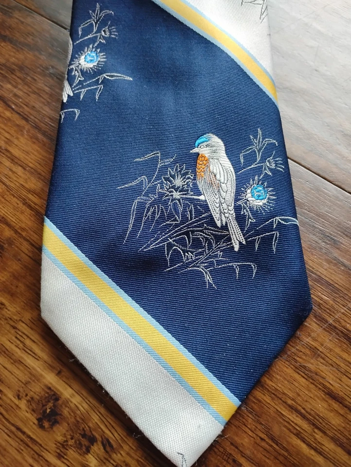 Vintage 1960s Christian Dior Tie Blue Rock-Thrush Bird Silver Embroidered Wide - Image 2 of 4