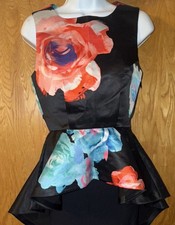 Black Red Blue Floral Satin Peplum Sleeveless Asymmetric shirt Women