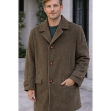 Vintage Teller Coat Mens Wool Overcoat Brown Made in Austria Leather Buttons L