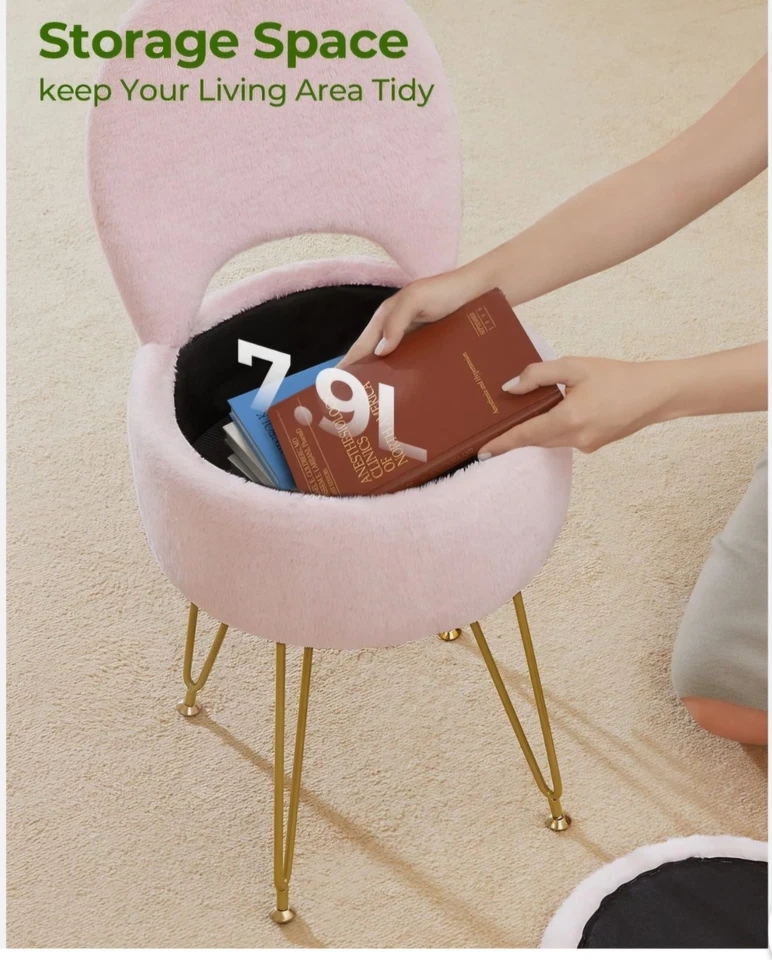 Taburete de tocador de almacenamiento GREENSTELL trasero plegable rosa imitación piel otomana 13x13x17,7 Foto 4 de 4