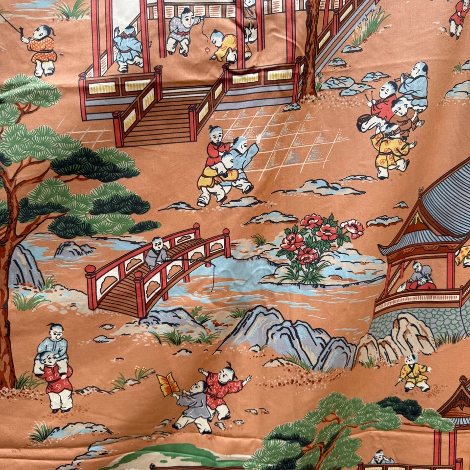 Vintage Cotton Chintz Fabric 7 5/8 yds 101 Children Peach Upholstery Drapes - Image 3 of 4