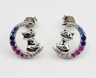925 Sterling Silber bunte Katze & Mond Ohrstecker, 0,43'' Höhe