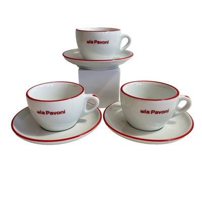 3 x Rare La Pavoni Italy Coffee Cups & Saucers White Porcelain Red Detail 150ml