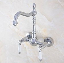 Chrome Dual Handles Wall Mount Bathroom Kitchen Sink Faucet Swivel Mixer Tap