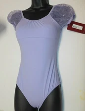 Bloch sheer Sequin puff sleeve Leotard Girls size 14C Lilac empire waist