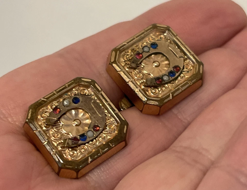 ANTIQUE 1880's GOLD FILLED CUFFLINKS HORSESHOE WITH EMERALD RUBY OPAL STONES - Image 4 of 4