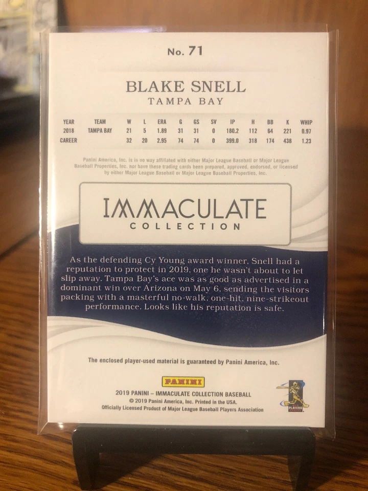 2019 Panini Immaculate Baseball Blake Snell 3 Color Patch card # /25 Rays - Image 2 of 3
