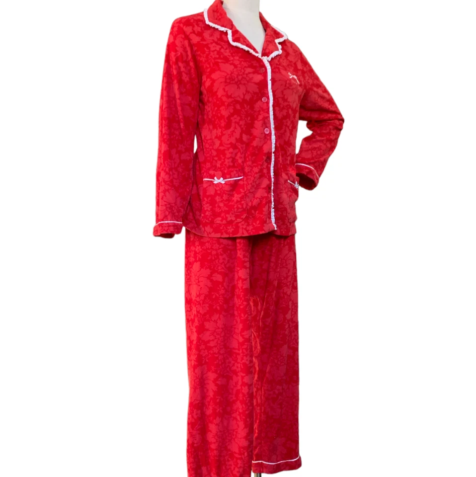 Vera Wang Juego de 2 Pijama Floral Suave Vellón Blanco Volantes Acento L Rojo #32J Foto 3 de 4