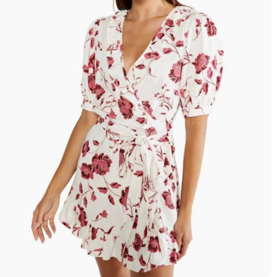 MISA Dress Small White Pink Thora Floral Ruffle Mini Wrap Abstract Peony  NWT