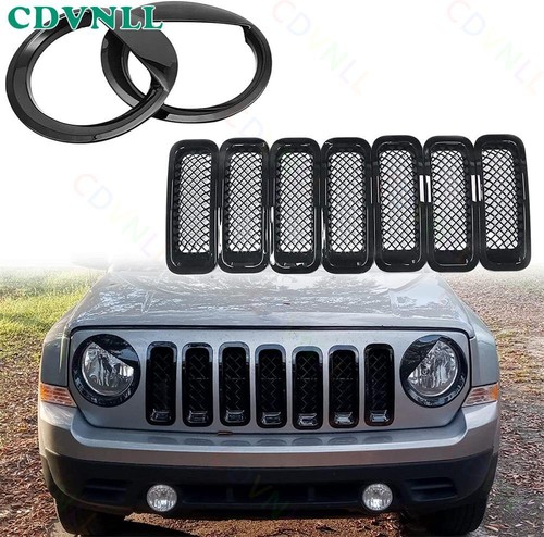Inserto de malla de rejilla delantera + cubierta de faros Bird para Jeep Patriot 11+ negro brillante - Imagen 5 de 9