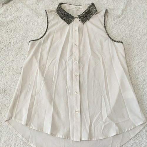 English Rose Ivory Sleeveless Button Blouse Top w/ Pewter Beaded Collar - Size S - Picture 4 of 9