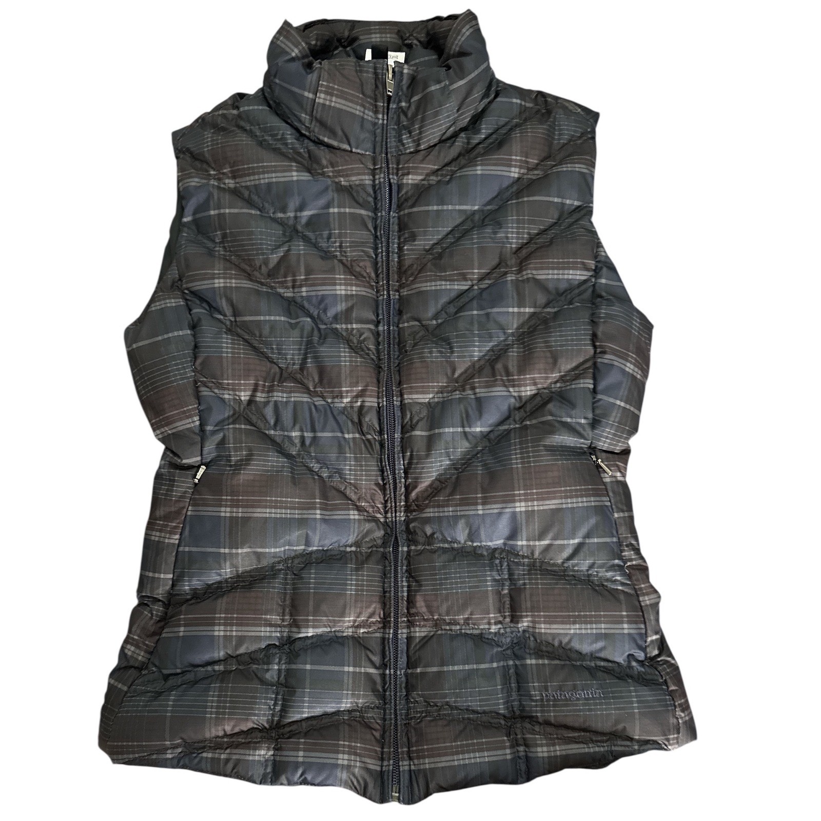 Patagonia Down With It Puffer Vest Plaid Goose Down Full Zip Vest Brown Womens S
