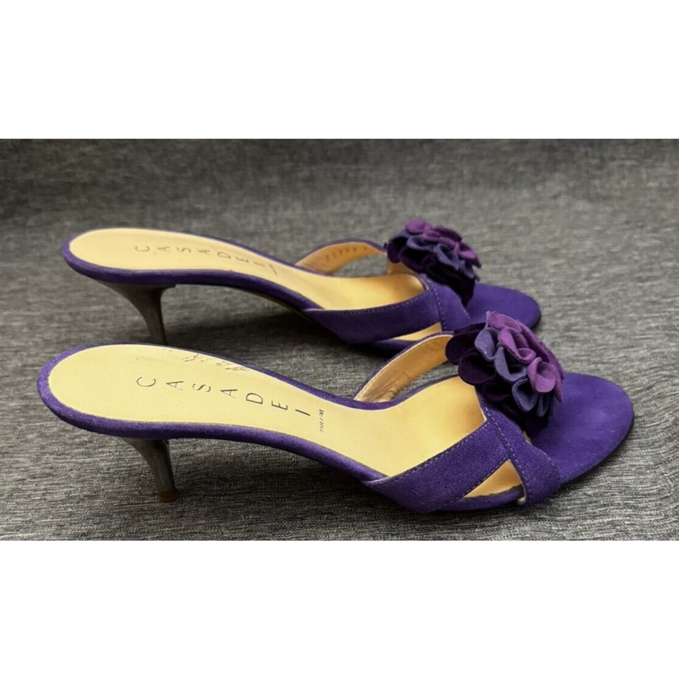 Sandalias CASADEI púrpura flor gamuza gatito tacón sin cordones 6,5 Foto 2 de 4