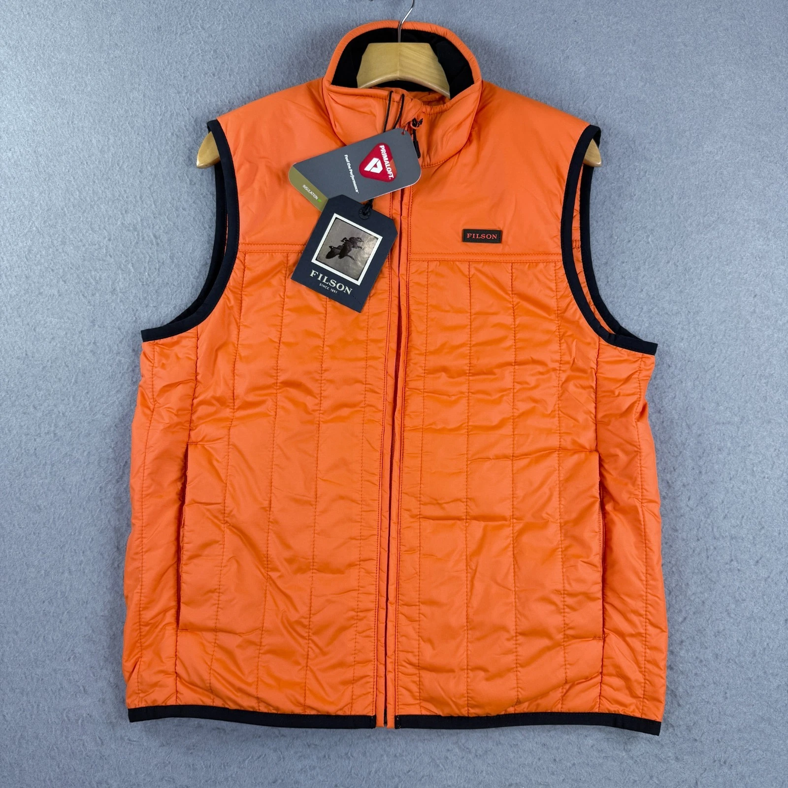 Filson Ultralight Vest Flame Orange Size S Full Zip Quilted Insulated Ripstop