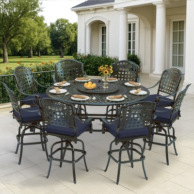 10 PCS Patio Swivel Bar Dining Set Cast Aluminum Bar Stools & Table w/Lazy Susan