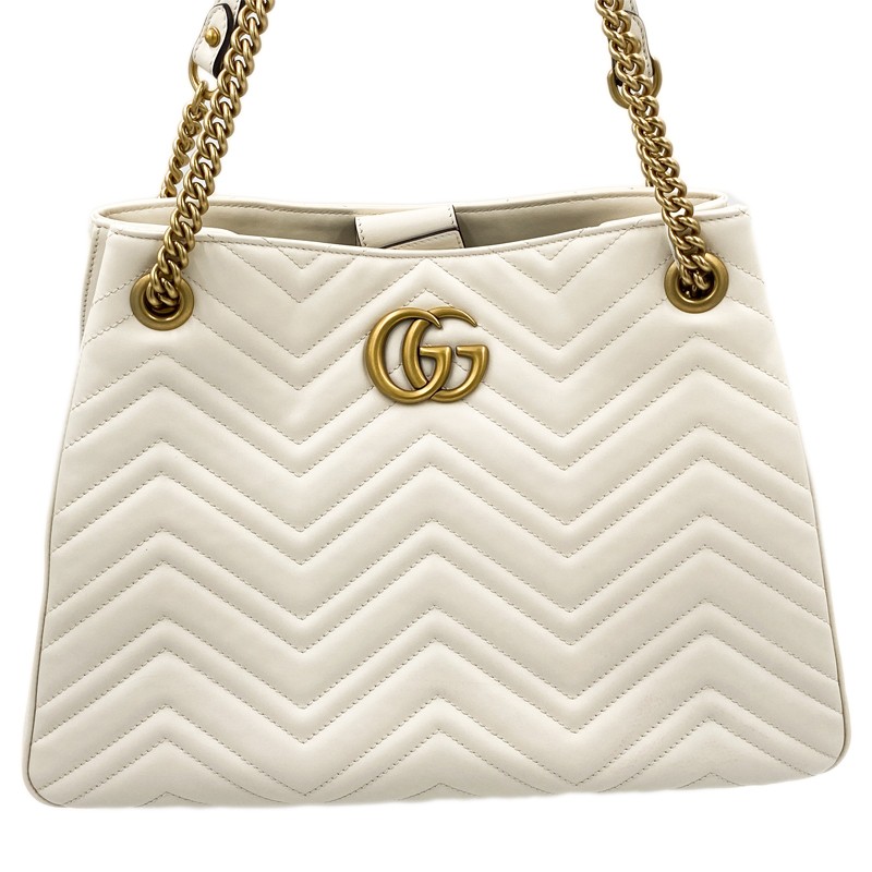 GUCCI GG Marmont Leather Tote Bag with Chain Shoulder Strap in White